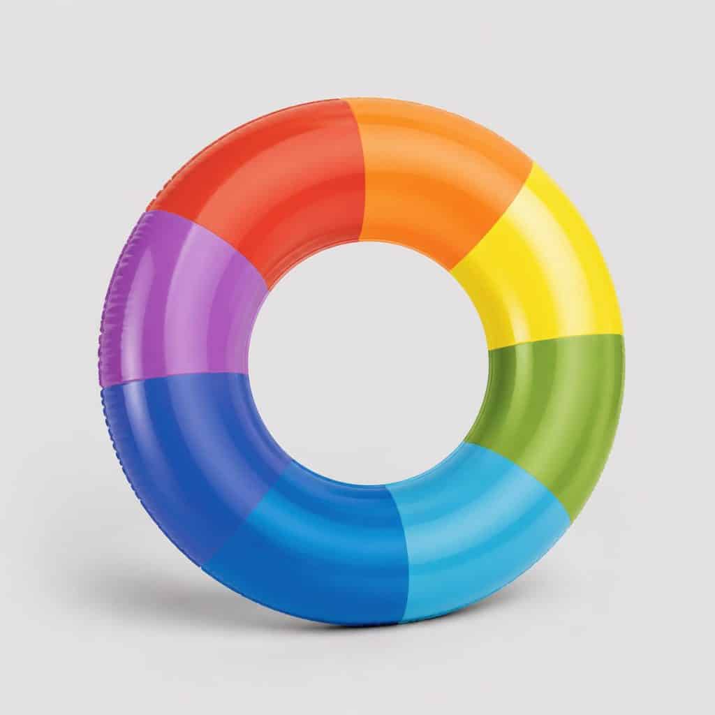 Bouée ronde arc-en-ciel flottant à la surface d'une piscine ensoleillée