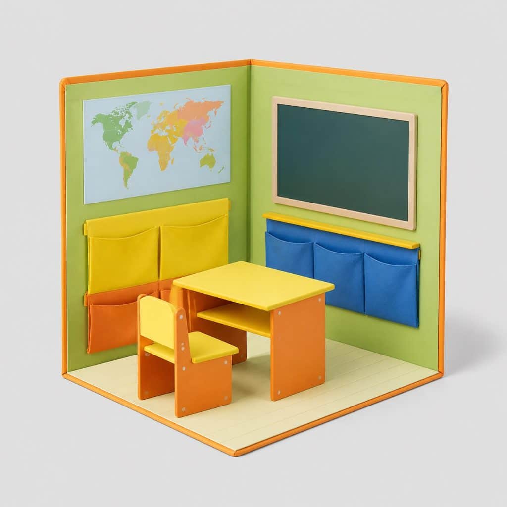 Décor pop-up coloré représentant une salle de classe miniature