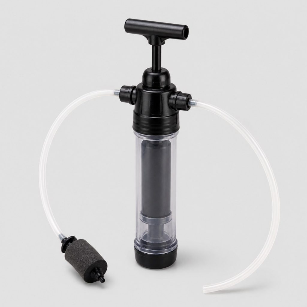 Filtre a eau a pompe manuelle, vue de face sur fond clair