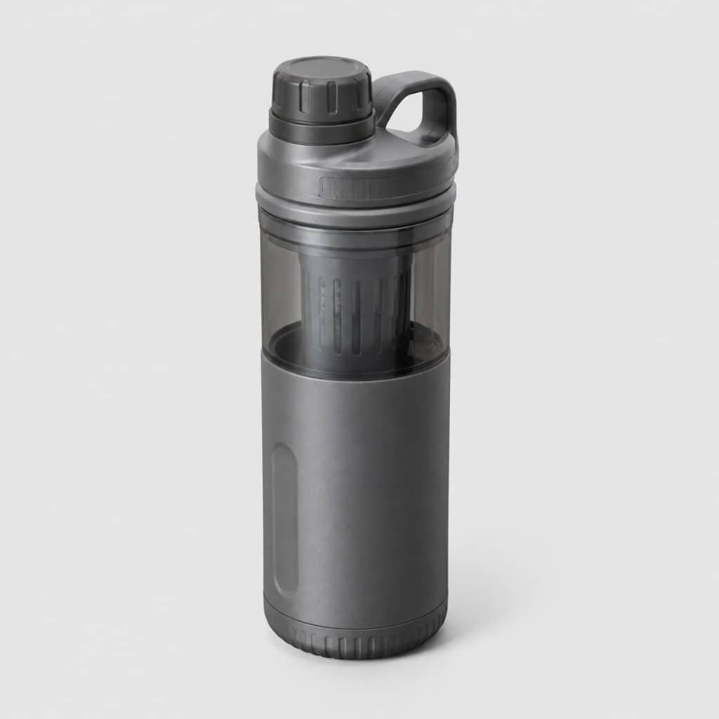 Gourde filtrante a piston 8 secondes, vue de face sur fond clair