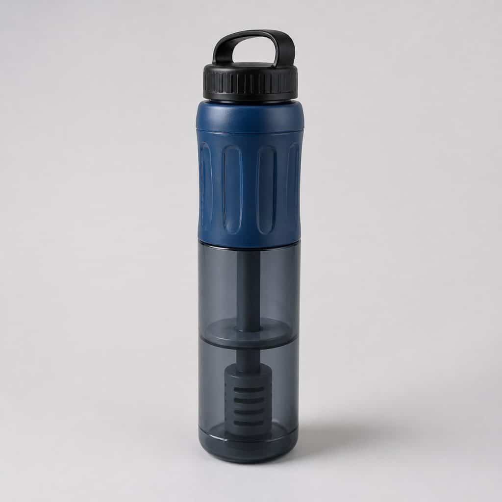 Gourde filtrante a purification virus, vue de face sur fond clair
