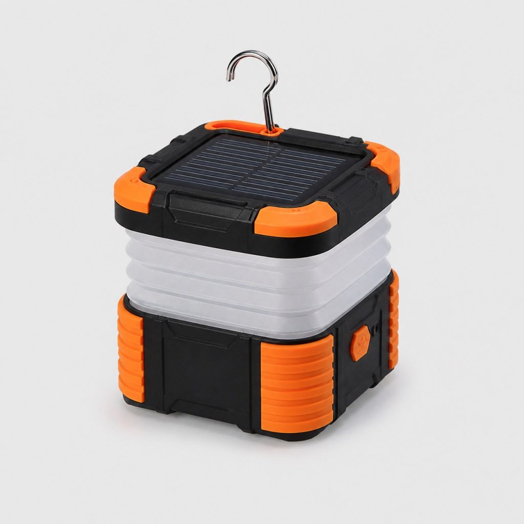 Lampe de camping 2 en 1 solaire et USB, vue de face sur fond clair