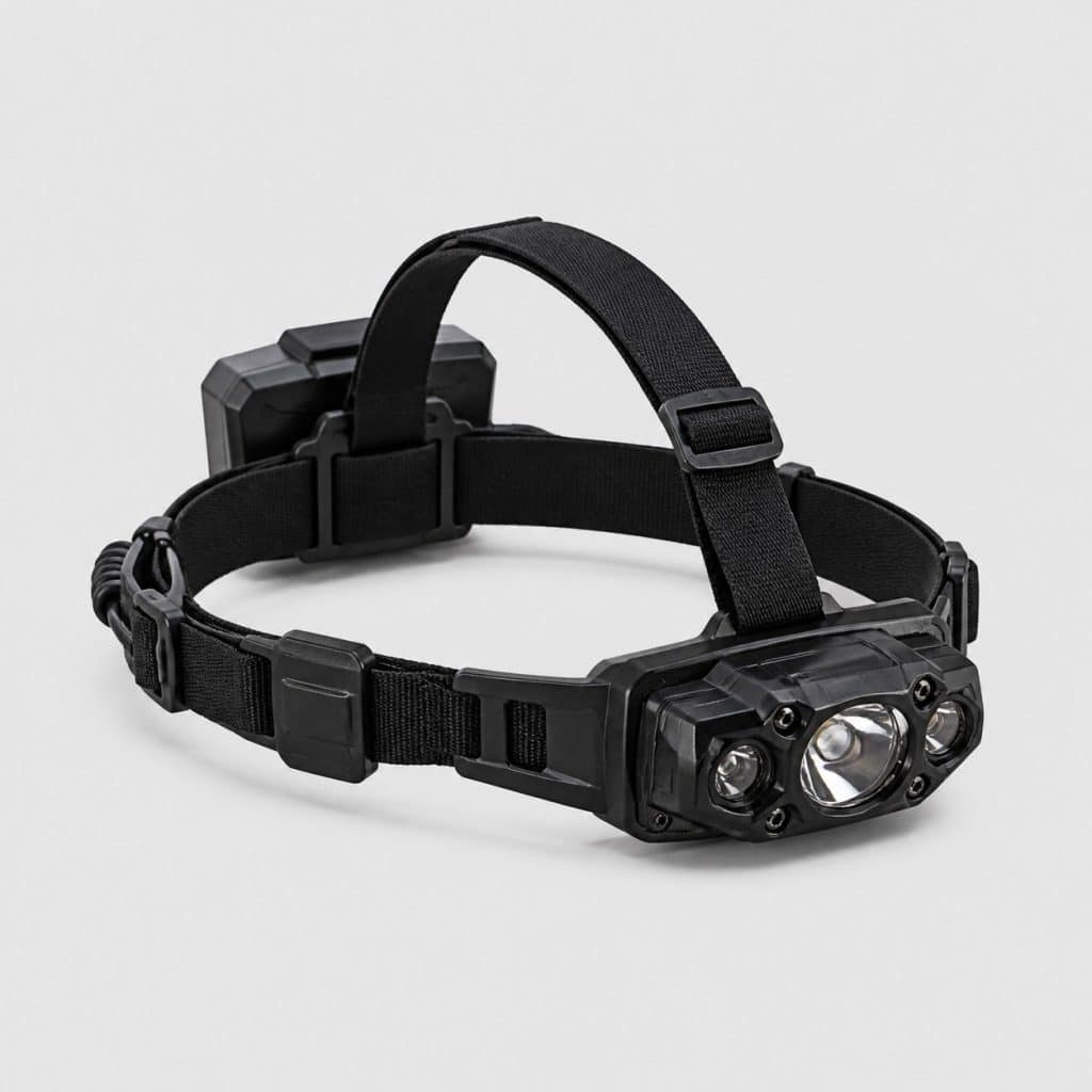 Lampe frontale haute puissance 1500 lumens, vue de face sur fond clair