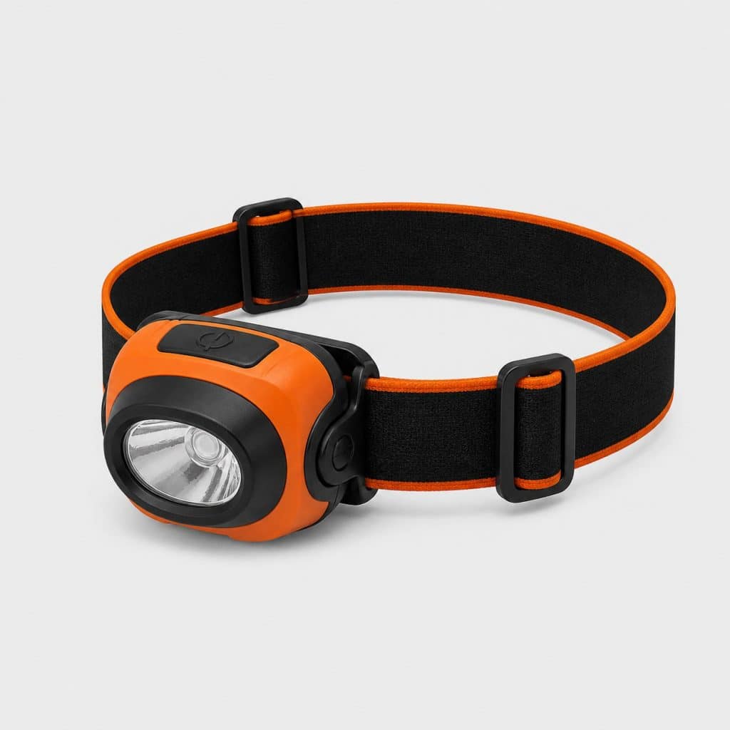 Lampe frontale rechargeable 300 lumens, vue de face sur fond clair