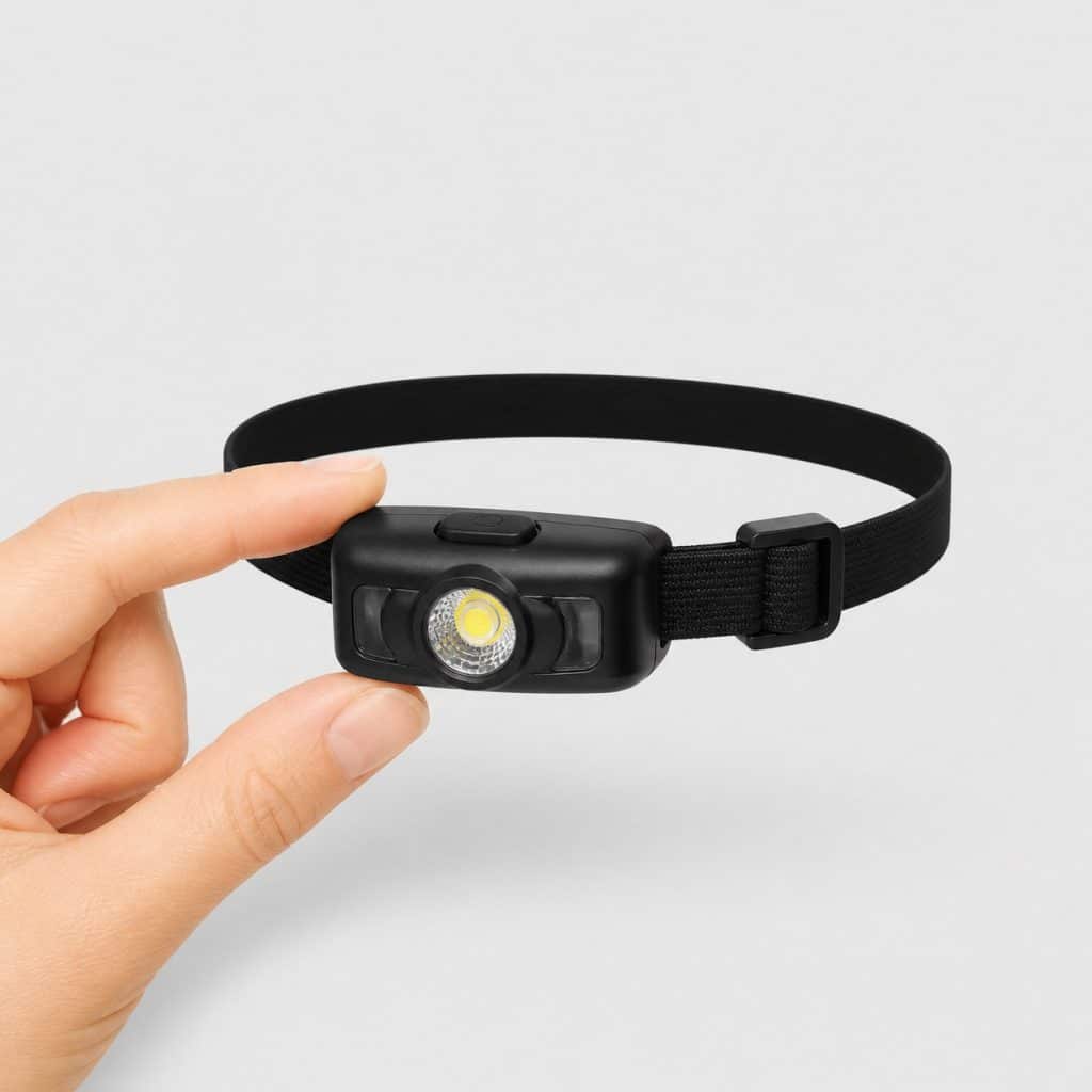 Lampe frontale ultra-legere rechargeable USB-C, vue de face sur fond clair