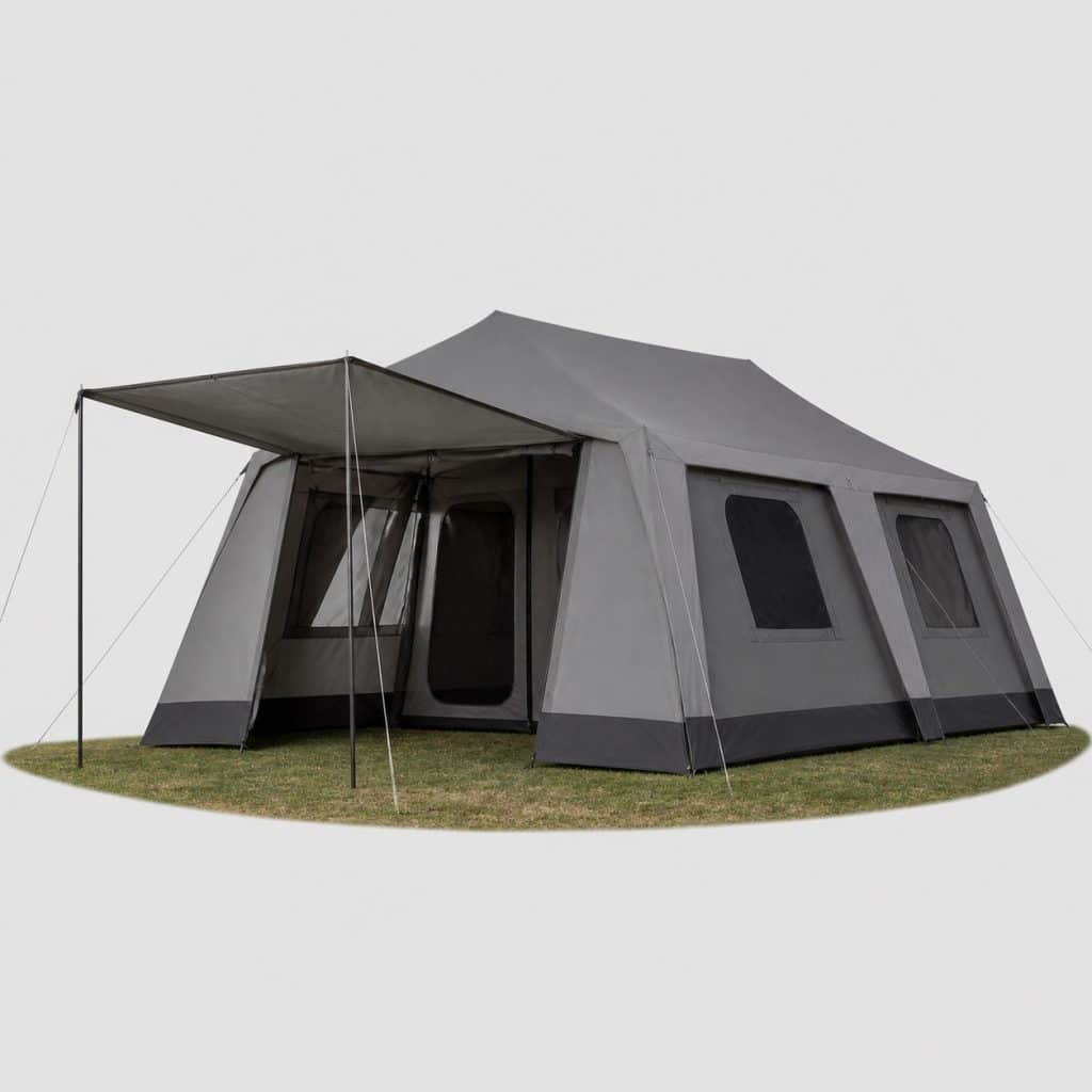 Grande tente de camping grise canadienne, montee sur un terrain herbeux