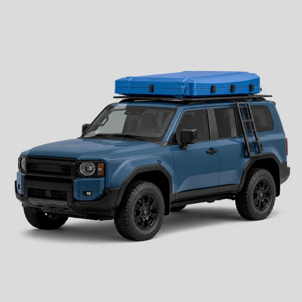 Tente de toit rigide 180, fermée et bleue sur le toit d'un 4x4