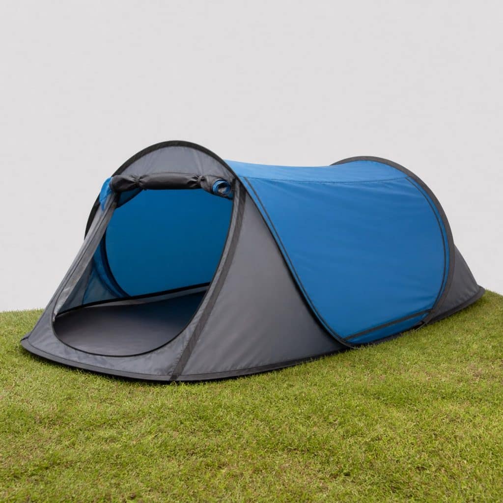 Petite tente de camping pop-up bleue et grise, entrée ouverte