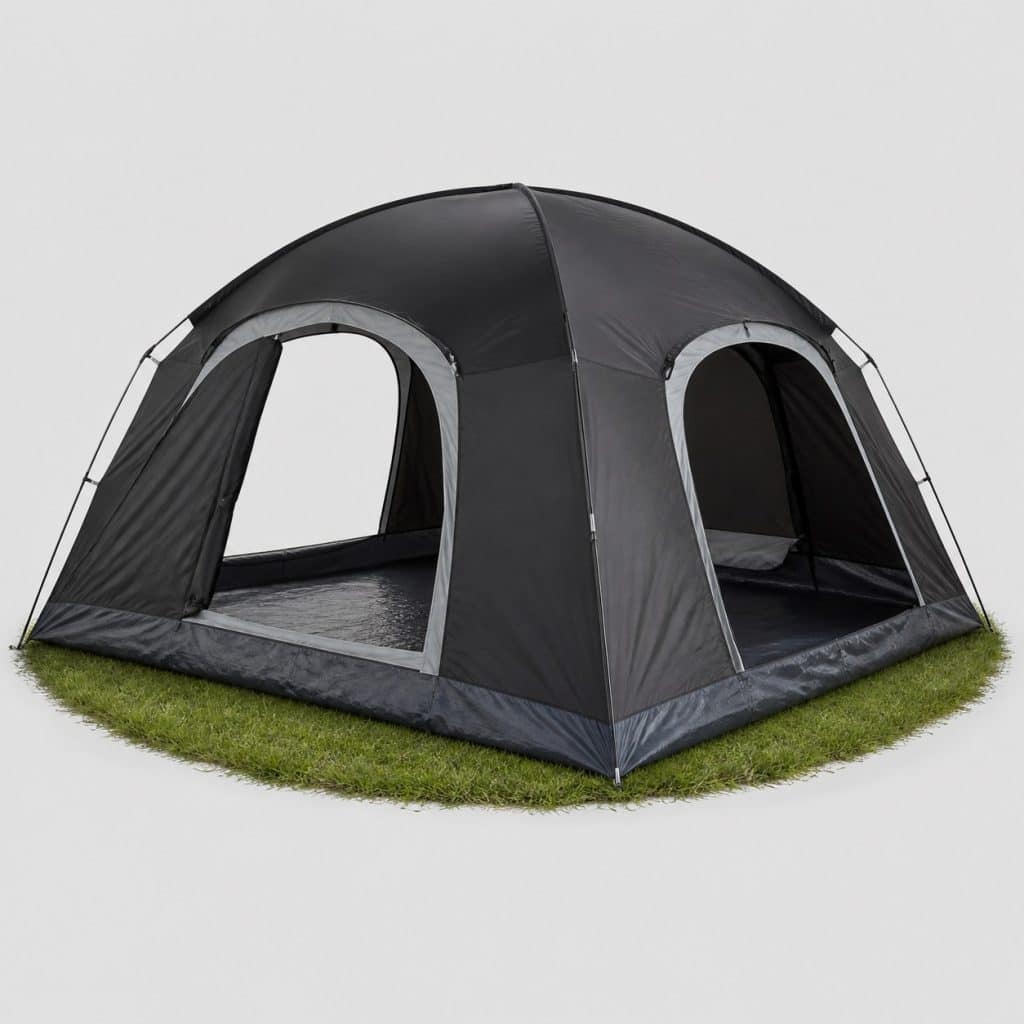 Grande tente de camping pop-up noire et grise, deux portes ouvertes