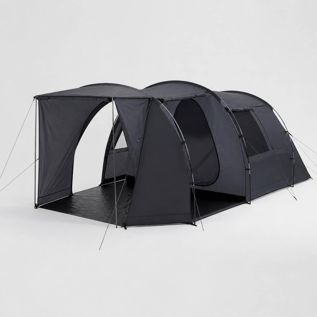 Tente tunnel 5 personnes grise anthracite, montee sur un terrain plat